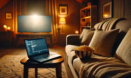 A movie theater or streaming setup with popcorn, laptop, and a cozy couch