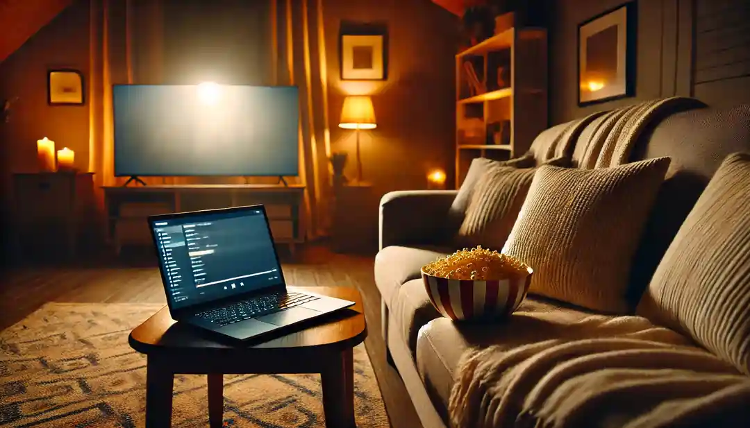 A movie theater or streaming setup with popcorn, laptop, and a cozy couch