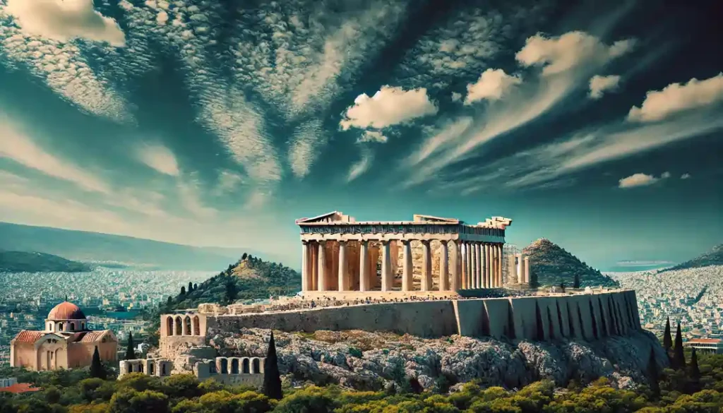 A panoramic view of the Parthenon under a clear sky.