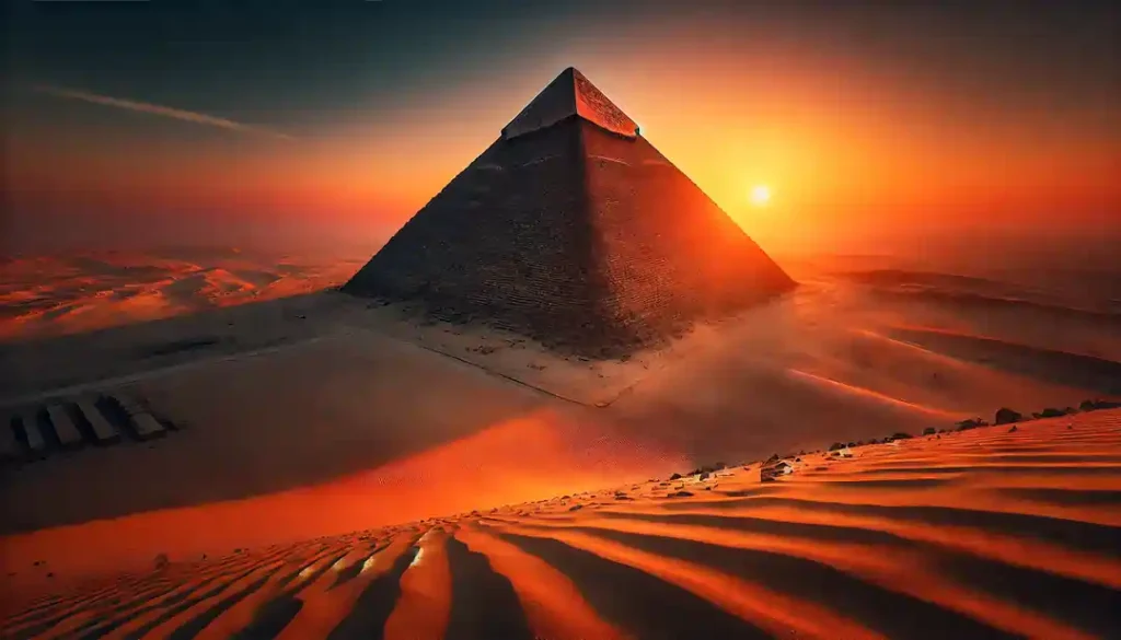 A wide-angle image of the Great Pyramid of Giza during sunset.